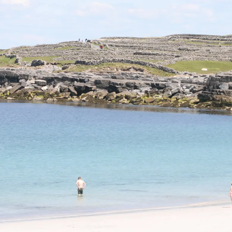 a group of people on a beach near a body of water